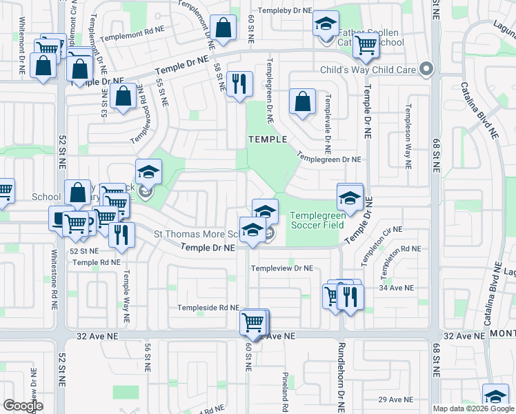 map of restaurants, bars, coffee shops, grocery stores, and more near 131 Templehill Drive Northeast in Calgary
