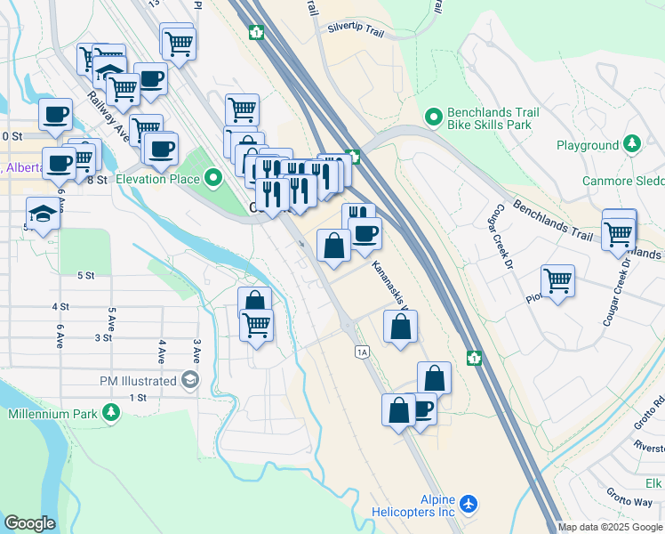 map of restaurants, bars, coffee shops, grocery stores, and more near 511 Bow Valley Trail in Canmore