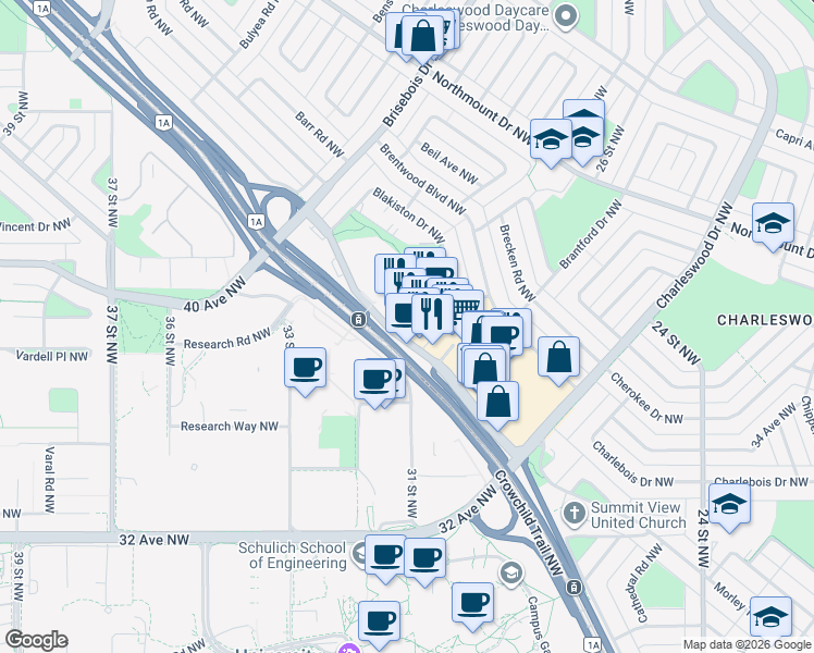 map of restaurants, bars, coffee shops, grocery stores, and more near in Calgary