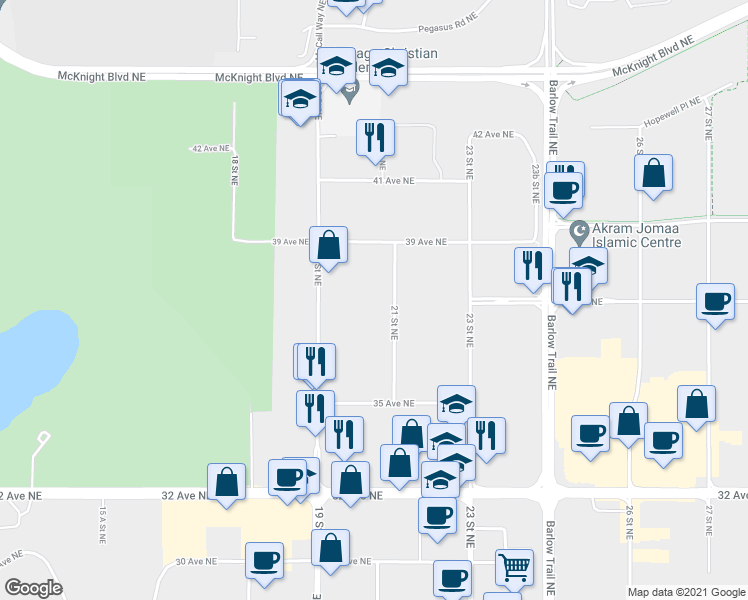 map of restaurants, bars, coffee shops, grocery stores, and more near 3801 21 Street Northeast in Calgary