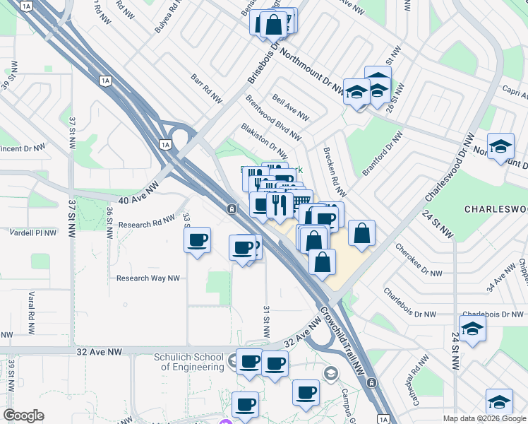 map of restaurants, bars, coffee shops, grocery stores, and more near in Calgary