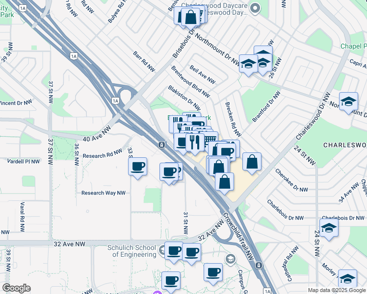 map of restaurants, bars, coffee shops, grocery stores, and more near 3830 Brentwood Road Northwest in Calgary