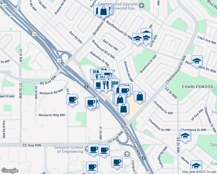 map of restaurants, bars, coffee shops, grocery stores, and more near 10 Brentwood Road Northwest in Calgary