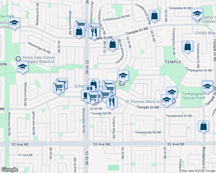 map of restaurants, bars, coffee shops, grocery stores, and more near 456 Templewood Place Northeast in Calgary