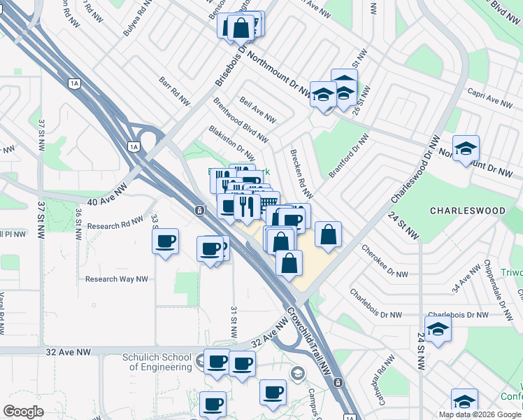 map of restaurants, bars, coffee shops, grocery stores, and more near 50 Brentwood Common Northwest in Calgary