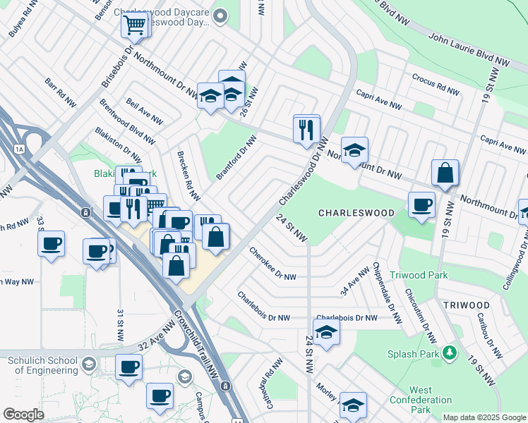 map of restaurants, bars, coffee shops, grocery stores, and more near 3815 Charleswood Drive Northwest in Calgary