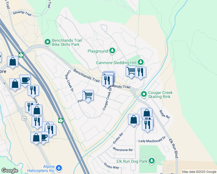 map of restaurants, bars, coffee shops, grocery stores, and more near 1001 Cougar Creek Drive in Canmore
