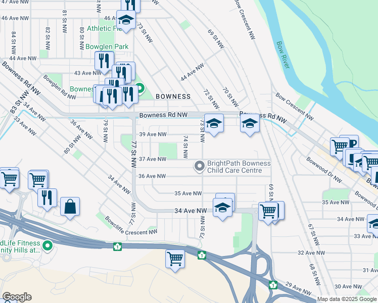 map of restaurants, bars, coffee shops, grocery stores, and more near 3912 74 Street Northwest in Calgary