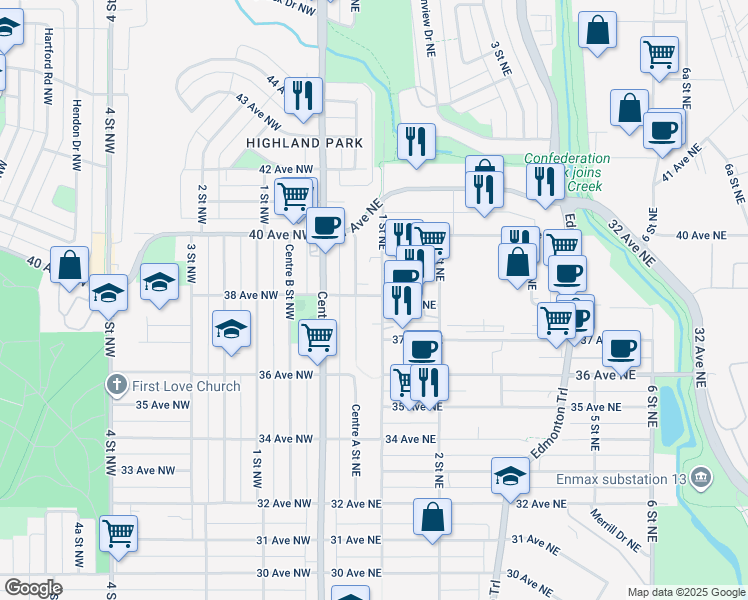 map of restaurants, bars, coffee shops, grocery stores, and more near 3827 1 Street Northeast in Calgary
