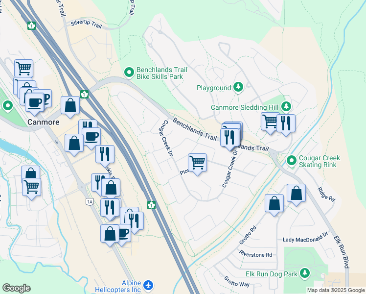 map of restaurants, bars, coffee shops, grocery stores, and more near 109 Settler Way in Canmore