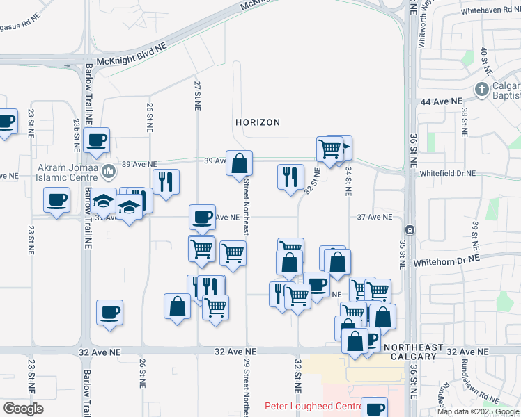 map of restaurants, bars, coffee shops, grocery stores, and more near 3880 A 29 Street Northeast in Calgary