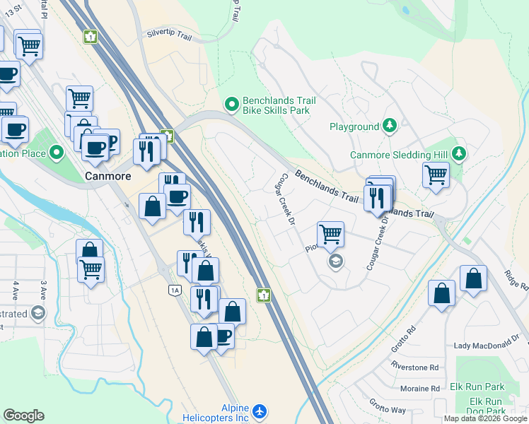 map of restaurants, bars, coffee shops, grocery stores, and more near in Canmore