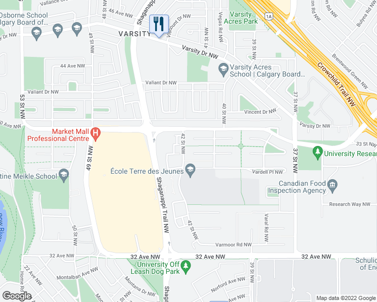 map of restaurants, bars, coffee shops, grocery stores, and more near 16 Varbay Place Northwest in Calgary