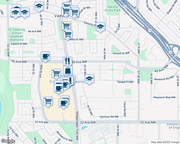 map of restaurants, bars, coffee shops, grocery stores, and more near 16 Varbay Place Northwest in Calgary