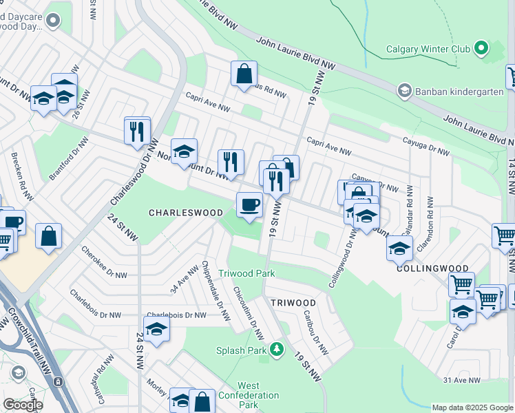 map of restaurants, bars, coffee shops, grocery stores, and more near 2012 Cherokee Place Northwest in Calgary
