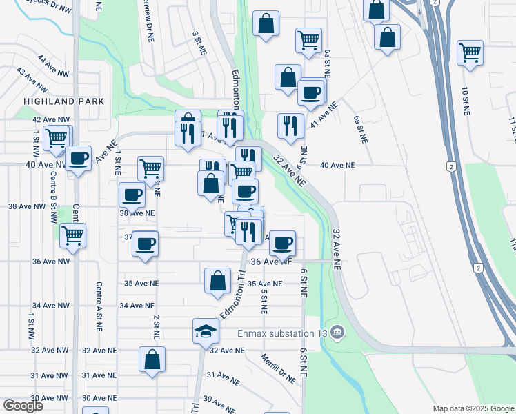 map of restaurants, bars, coffee shops, grocery stores, and more near 606 38 Avenue Northeast in Calgary