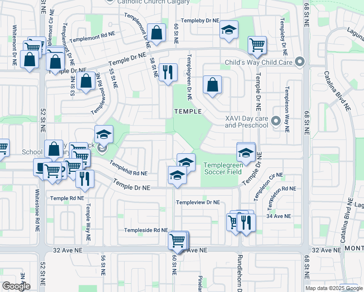 map of restaurants, bars, coffee shops, grocery stores, and more near Temple Green Northeast in Calgary