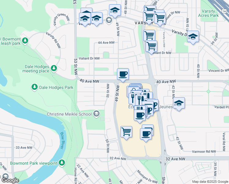 map of restaurants, bars, coffee shops, grocery stores, and more near in Calgary