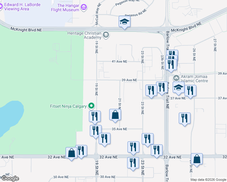 map of restaurants, bars, coffee shops, grocery stores, and more near 3801 21 Street Northeast in Calgary