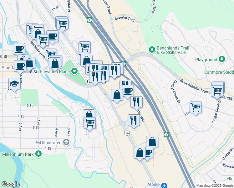 map of restaurants, bars, coffee shops, grocery stores, and more near 511 Bow Valley Trail in Canmore