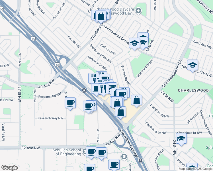 map of restaurants, bars, coffee shops, grocery stores, and more near 20 Brentwood Common Northwest in Calgary