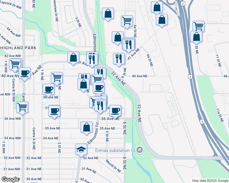 map of restaurants, bars, coffee shops, grocery stores, and more near 606 38 Avenue Northeast in Calgary