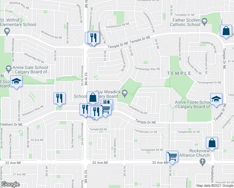 map of restaurants, bars, coffee shops, grocery stores, and more near 12 Templewood Drive Northeast in Calgary