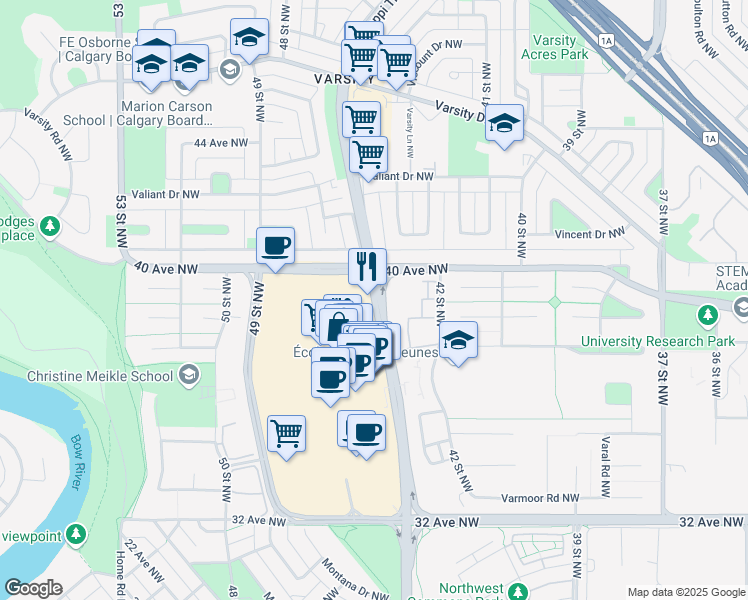 map of restaurants, bars, coffee shops, grocery stores, and more near 3825 Shaganappi Trail Northwest in Calgary