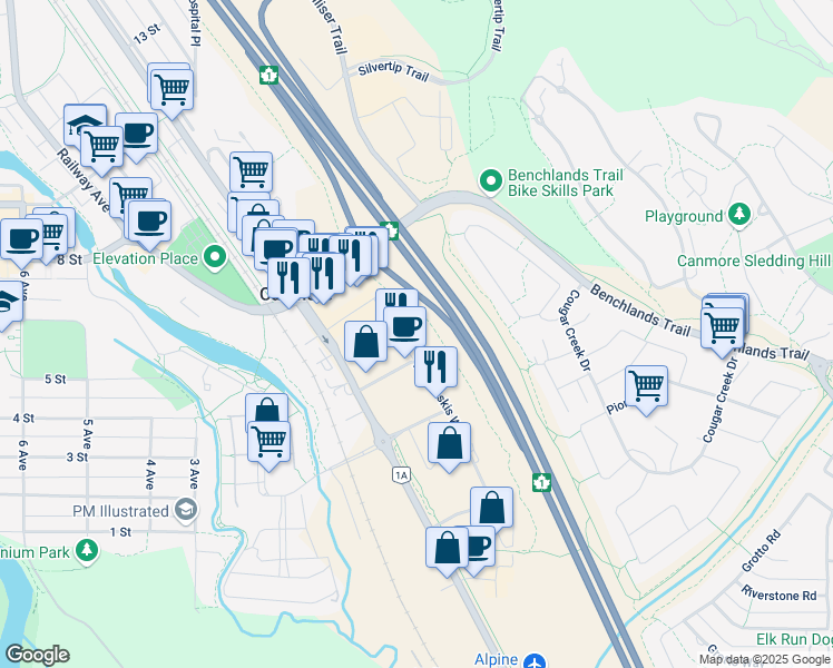 map of restaurants, bars, coffee shops, grocery stores, and more near 120 Kananaskis Way in Canmore