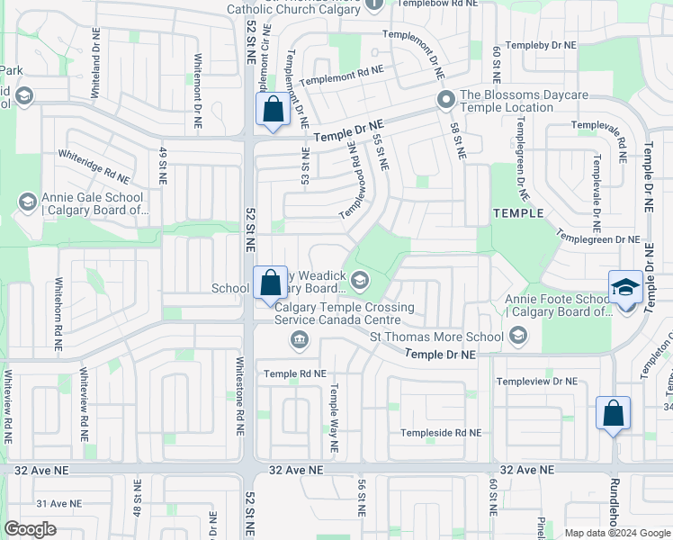 map of restaurants, bars, coffee shops, grocery stores, and more near 12 Templewood Drive Northeast in Calgary