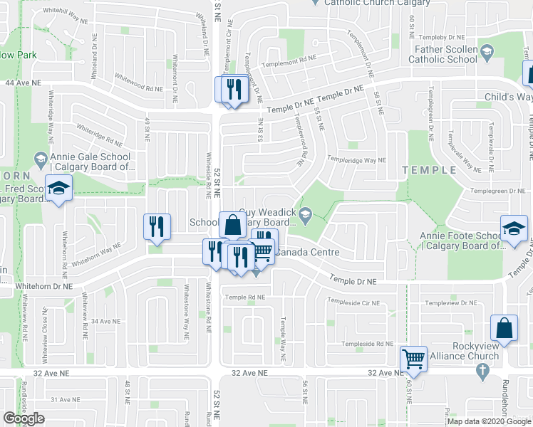 map of restaurants, bars, coffee shops, grocery stores, and more near 12 Templewood Drive Northeast in Calgary