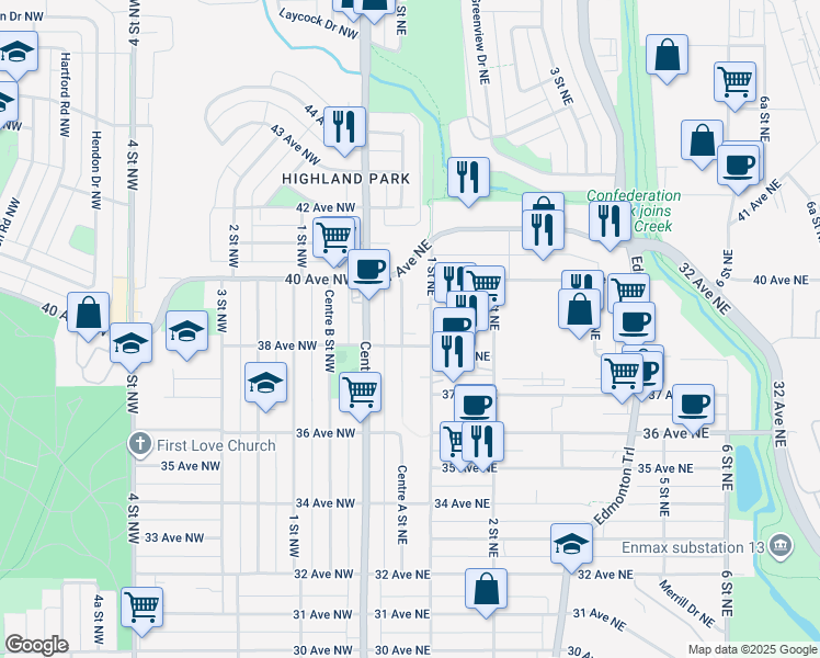 map of restaurants, bars, coffee shops, grocery stores, and more near 3908 Centre a Street Northeast in Calgary