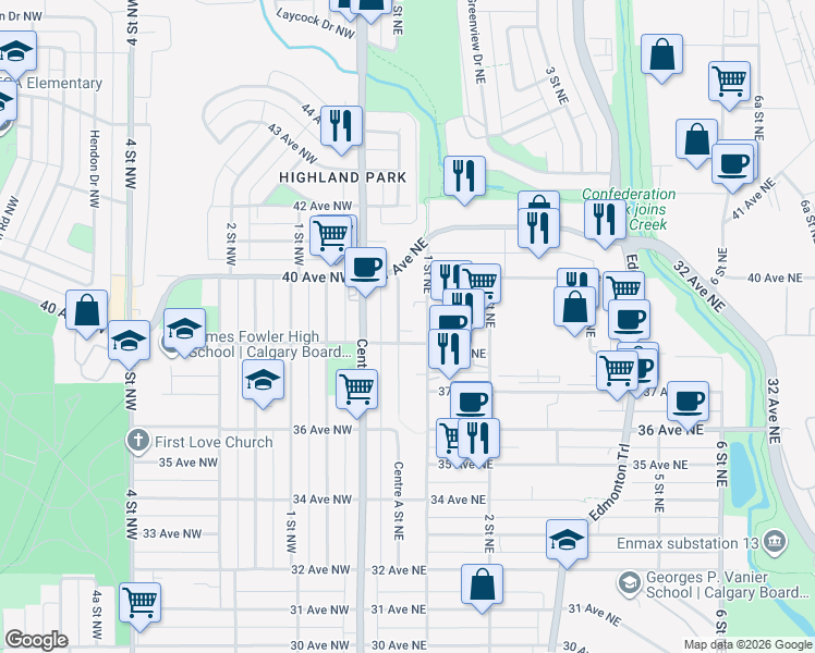 map of restaurants, bars, coffee shops, grocery stores, and more near in Calgary