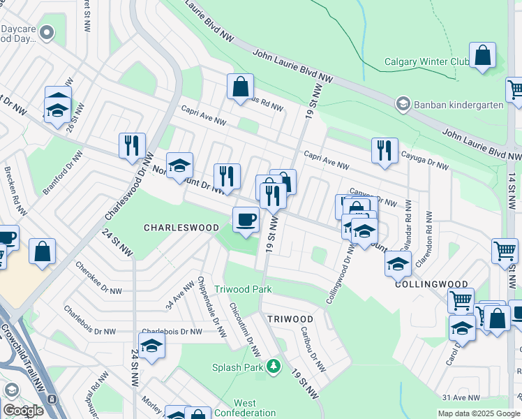 map of restaurants, bars, coffee shops, grocery stores, and more near 1019 Northmount Drive Northwest in Calgary