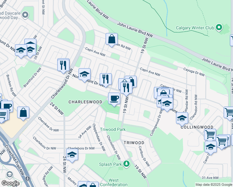 map of restaurants, bars, coffee shops, grocery stores, and more near 1027 Northmount Drive Northwest in Calgary