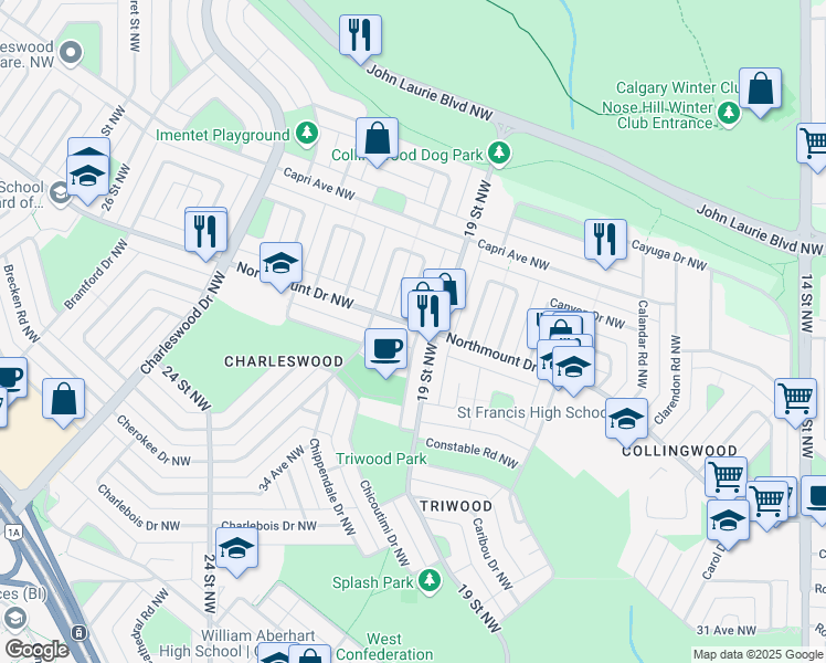 map of restaurants, bars, coffee shops, grocery stores, and more near 3833 19 Street Northwest in Calgary