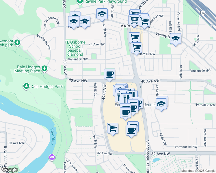 map of restaurants, bars, coffee shops, grocery stores, and more near 3736 R 49 Street Northwest in Calgary