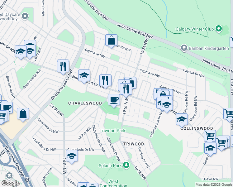map of restaurants, bars, coffee shops, grocery stores, and more near 2012 Cherokee Place Northwest in Calgary