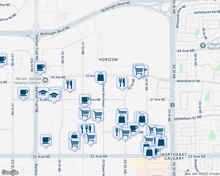 map of restaurants, bars, coffee shops, grocery stores, and more near 3880 A 29 Street Northeast in Calgary