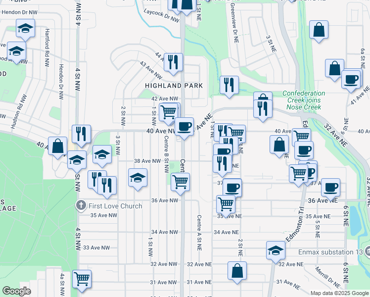 map of restaurants, bars, coffee shops, grocery stores, and more near in Calgary