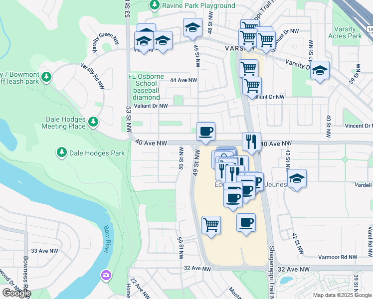 map of restaurants, bars, coffee shops, grocery stores, and more near in Calgary