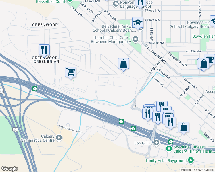 map of restaurants, bars, coffee shops, grocery stores, and more near in Calgary