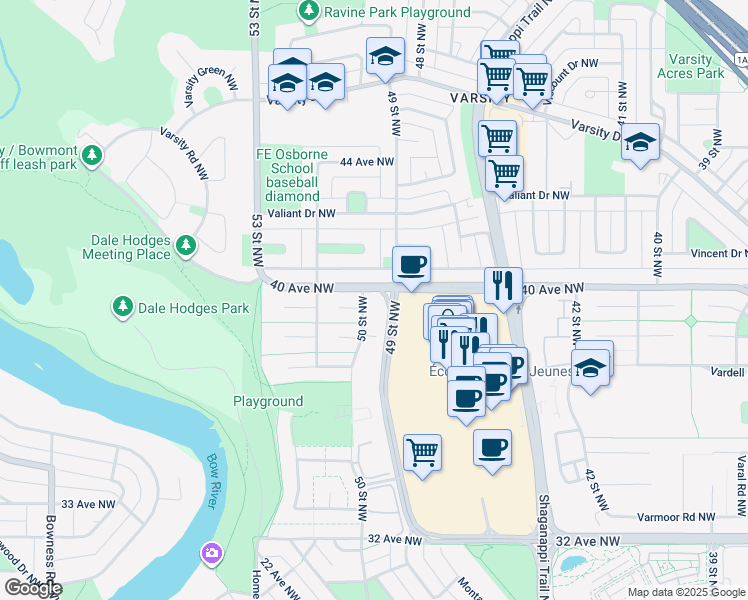 map of restaurants, bars, coffee shops, grocery stores, and more near 4001 49 Street Northwest in Calgary