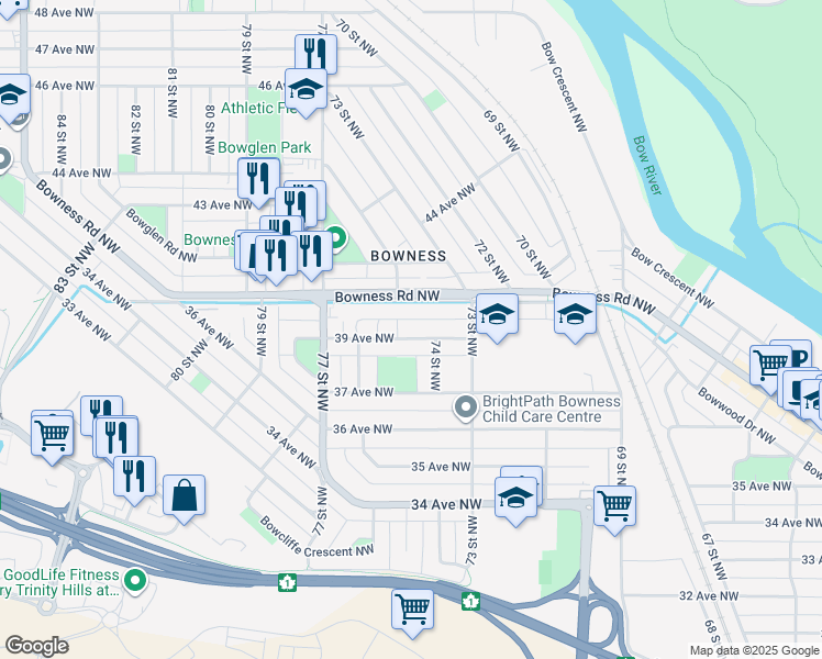 map of restaurants, bars, coffee shops, grocery stores, and more near 7575 Bowness Road Northwest in Calgary