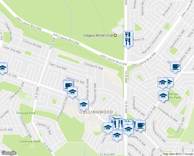 map of restaurants, bars, coffee shops, grocery stores, and more near 4031 Comanche Road Northwest in Calgary