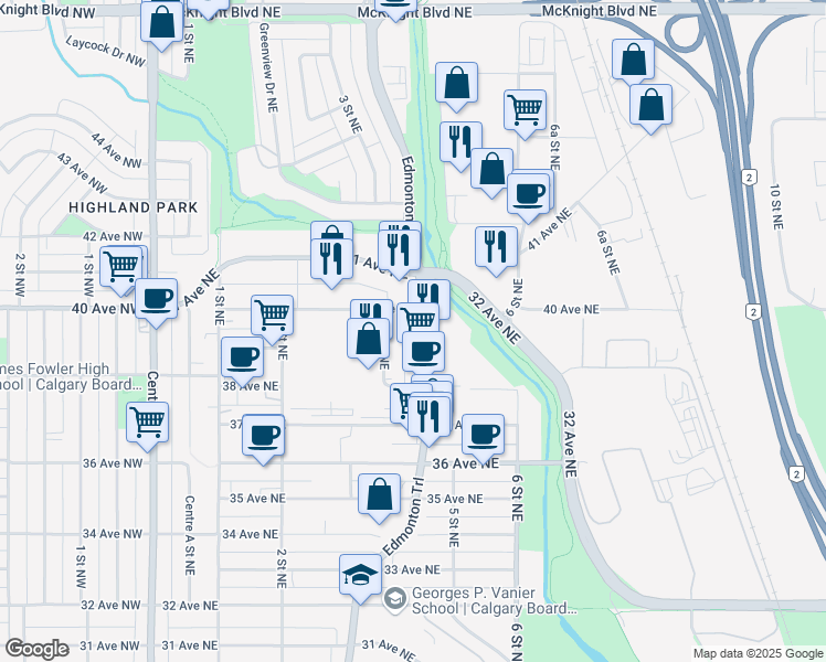 map of restaurants, bars, coffee shops, grocery stores, and more near 3927 Edmonton Trail in Calgary