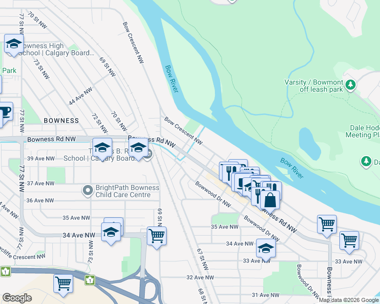 map of restaurants, bars, coffee shops, grocery stores, and more near 6632 Bowness Road Northwest in Calgary