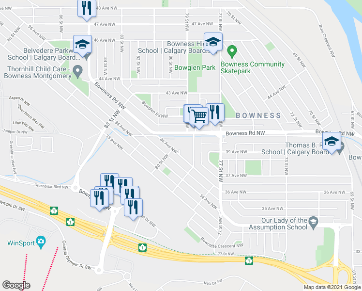 map of restaurants, bars, coffee shops, grocery stores, and more near 8032 Bow Lake Place Northwest in Calgary
