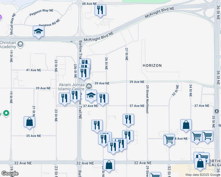 map of restaurants, bars, coffee shops, grocery stores, and more near 2711 39 Avenue Northeast in Calgary