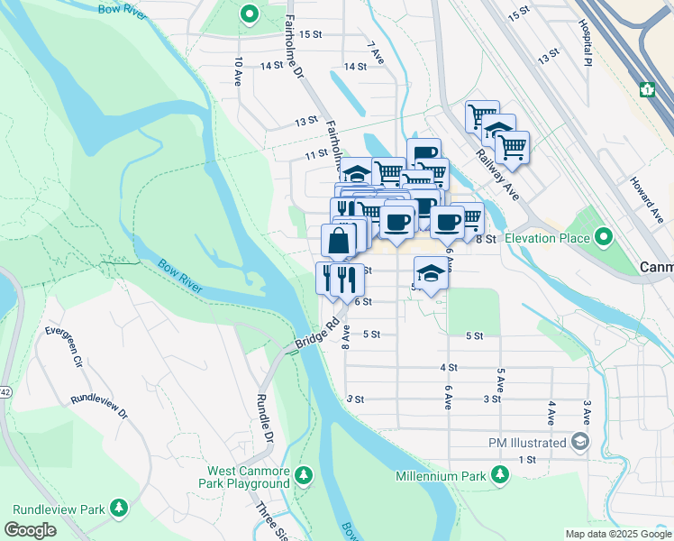 map of restaurants, bars, coffee shops, grocery stores, and more near 700 8 Avenue in Canmore